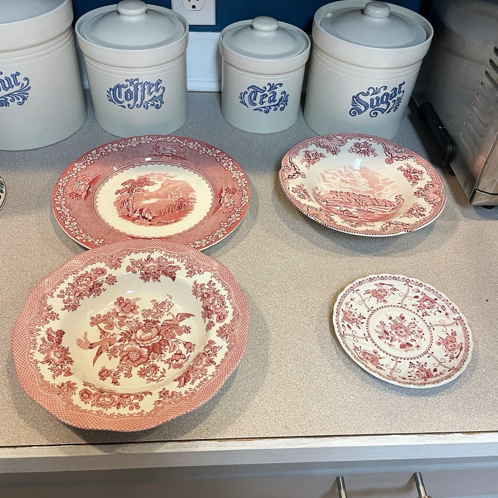 Vintage English Red/Pink Transferware Johnson Bro. & Royal stafford Set of 4